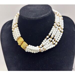 Multi Strand White milk glass Beaded Necklace Gold Tone Accent Clasp Statement